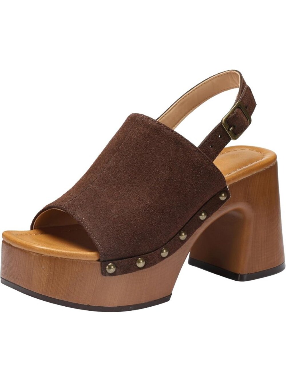 Women's Coffee Faux Suede Comfortable Heels with Chunky Block Heeled Sandals
